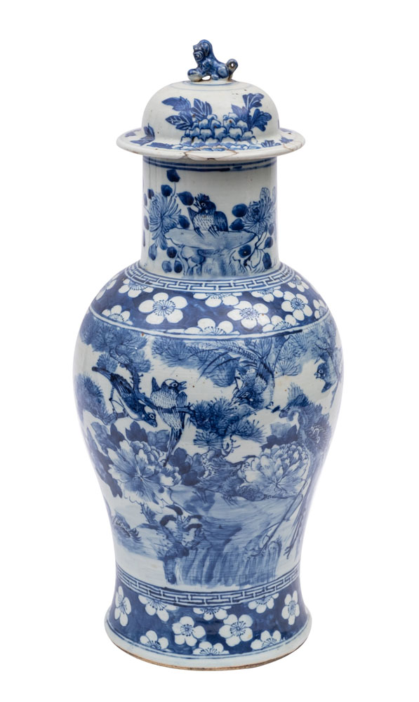 A Chinese blue and white 'birds' baluster vase and a cover painted with birds including cranes,