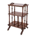 A Victorian burr walnut etagere, the rectangular top with carved slip handles,