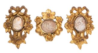 A group of three Italian gilt bronze mounted relief carved shell cameos, late 19th century,