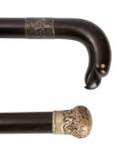An Indian ebony and bone inset walking stick, early 20th century; the handle carved as bird's head,