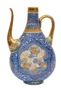 An enamelled blue glass ewer of flattened tear drop form enamelled front and verso with alternating