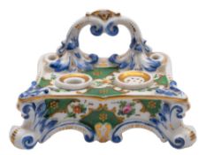 A French porcelain ink stand with inkwell and sander,