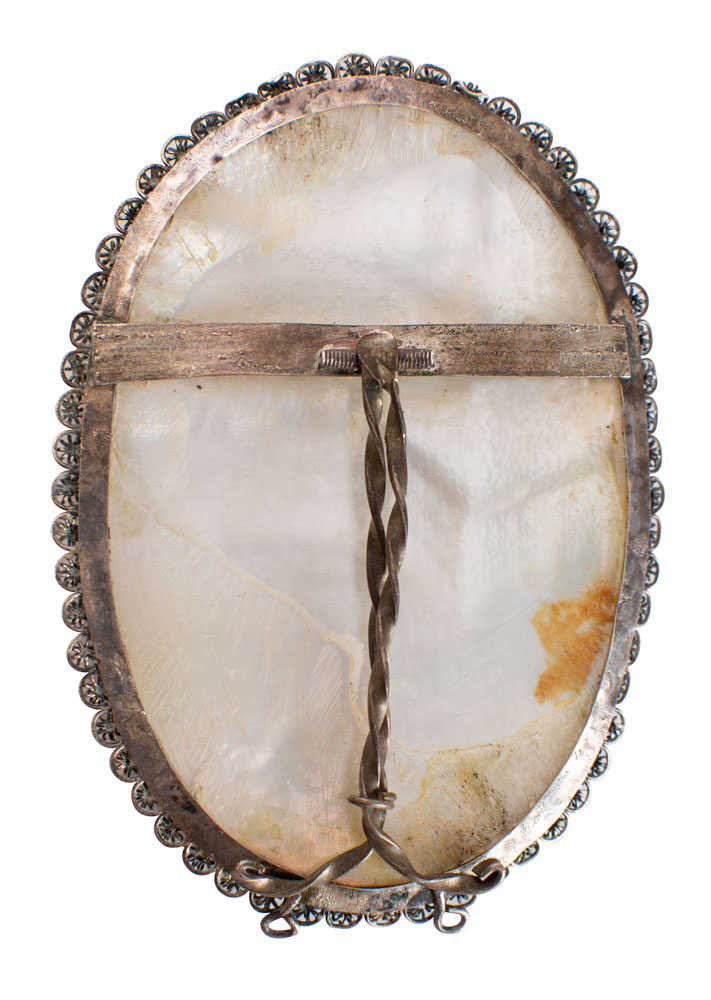 A Persian painted mother-of-pearl oval brooch decorated with three musicians in a garden setting, - Image 2 of 2