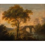 Irish School (19th century) A river landscape with figures crossing a bridge indistinctly inscribed