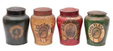 Four pottery oviform tobacco jars, with metal covers with images and captions for Light Shag,