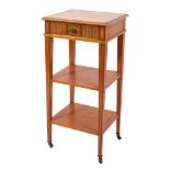 An Edwardian satinwood and inlaid square three-tier whatnot/bedside table,