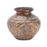 A Burmese copper vase repousse decorated with arched panels of deities and other figures on a