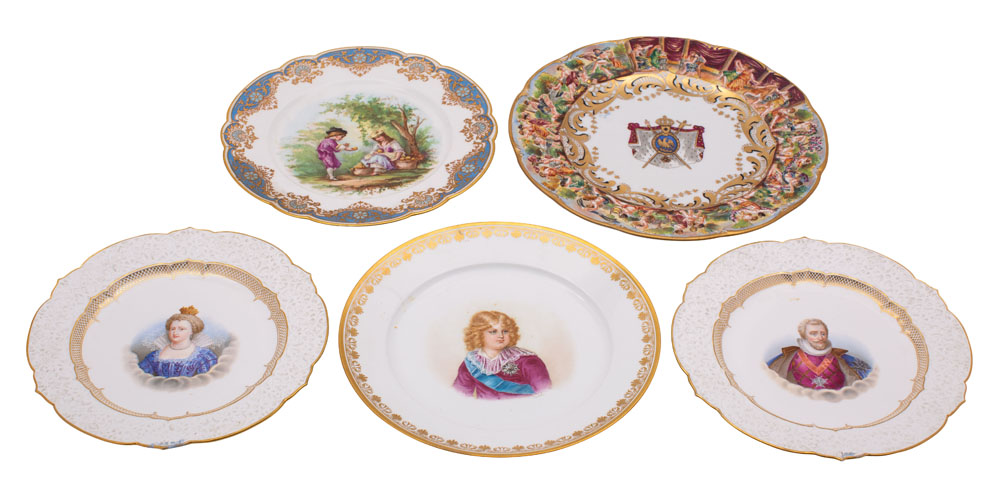 Two Sèvres plates and three others, comprising a Louis-Philippe example decorated with fruit seller, - Image 2 of 2