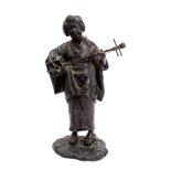 A Japanese bronze figure of a bijin musician,