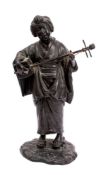 A Japanese bronze figure of a bijin musician,