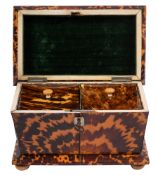 A George IV tortoiseshell tea caddy of sarcophagus form with two lidded compartments,