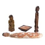 A group of three Balinese carved and painted wood figures and a Balinese palm wood box and sliding