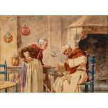 Virgilio Colombo (Italian, 1878-1929) Interior scene with a monk and elderly lady, watercolour,