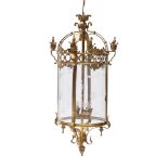 A gilt metal and etched glass hall lantern in Louis XVI taste, 20th century; of cylindrical form,