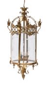 A gilt metal and etched glass hall lantern in Louis XVI taste, 20th century; of cylindrical form,