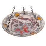 A coloured glass plafonnier, 20th century decorated with a design of fish, starfish and seaweed,