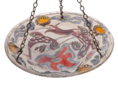 A coloured glass plafonnier, 20th century decorated with a design of fish, starfish and seaweed,