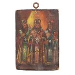 A Russian icon depicting three Bishop Saints, oil on wood,