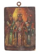 A Russian icon depicting three Bishop Saints, oil on wood,