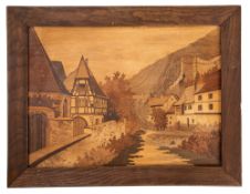 A Continental sample wood marquetry picture of village houses by a river,