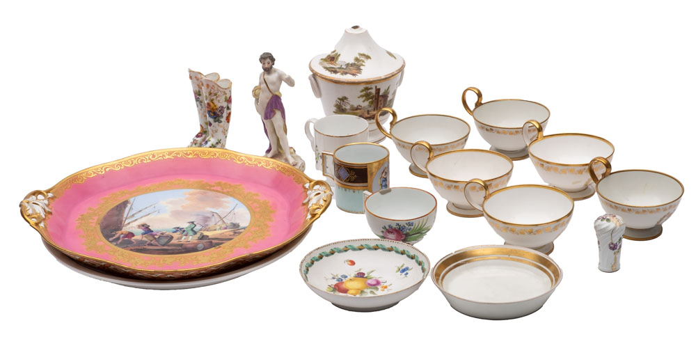 A mixed lot of Continental porcelain including a set of six Sèvres cups and a similar dish