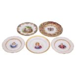 Two Sèvres plates and three others, comprising a Louis-Philippe example decorated with fruit seller,
