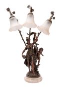 A resin and polished stone mounted figural table lamp in Art Nouveau taste,