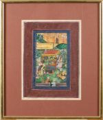 A Mughal watercolour depicting a king under a canopy in a garden setting,