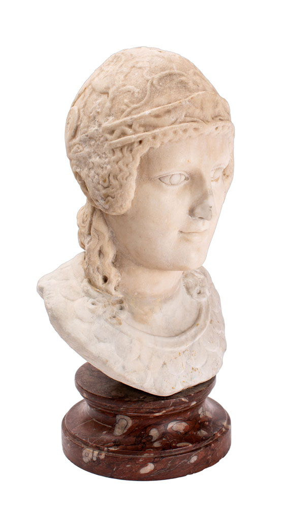 A sculpted white marble bust of a youthful Ares, probably a Roman 2nd century A.D. - Image 2 of 7