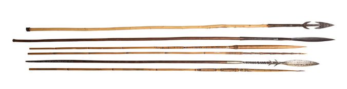 A group of six various Tribal fishing spears,