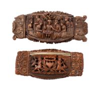 Two carved coquilla nut snuff boxes, probably Dutch,
