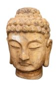A large carved wood Buddha head, with residue of old paint, 82cm high.