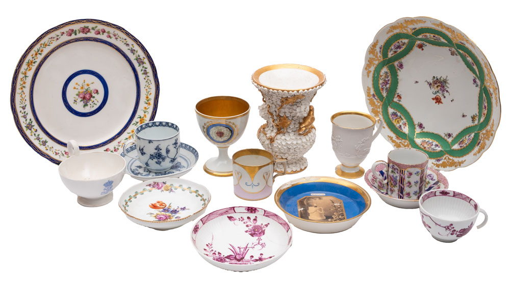 A mixed lot of 18th/19th century Continental porcelain items including a Meissen cabinet cup in