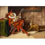 Continental School (19th century) A court jester playing the lute within a castle interior,