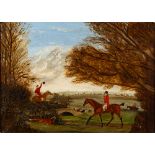 British School, 19th Century Huntsmen, hounds and a fox, oil on canvas, 27 x 37cm.