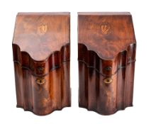 A pair of George III mahogany and marquetry serpentine front knife boxes,