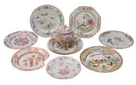 A mixed lot of Chinese porcelain comprising a pair of Chinese famille rose plates painted with