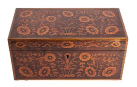 A 19th Century marquetry rosewood tea caddy the interior with glass bowl and two lidded caddies,