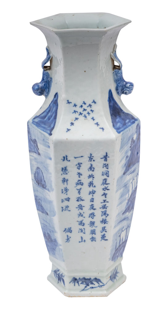 A Chinese blue and white hexagonal section vase with lion-dog handles, - Image 2 of 2