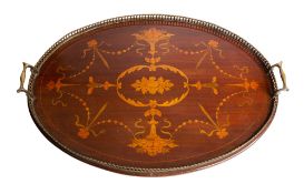 A mahogany and marquetry oval tray in Sheraton taste,