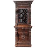 A Victorian oak and stained glass side cabinet,