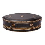 A Burmese black lacquered oval box and cover decorated with flowerhead motifs and diaper borders,