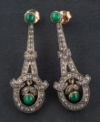 A pair of round, cabochon-cut emerald and rose-cut diamond, garland style drop earrings,