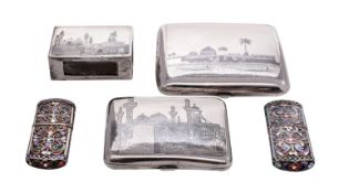 A group of Eygptian silver to include: two unmarked cigarette cases and a match box decorated with
