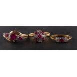 Three ruby and diamond rings, including an 18ct gold three-stone ring,