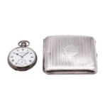 A silver cigarette case Birmingham, 1916, of square form with engine turned line decoration,