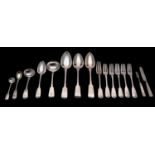 A small group of early 19th century Exeter flatware, Fiddle pattern, to include a table spoon,