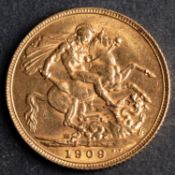 A 1909 Edwardian Gold Sovereign.