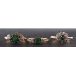 Three gemset rings, including an emerald and diamond three-stone ring marked '18CT & PLAT',