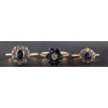 Three diamond and sapphire cluster rings, including an 18ct gold ring, with diamond weight ca. 0.